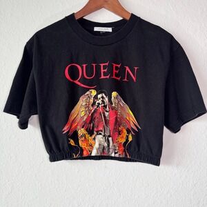 12th Tribe Queen Freddie Mercury Graphic Crop Top Black Elastic Hem Rocker Music